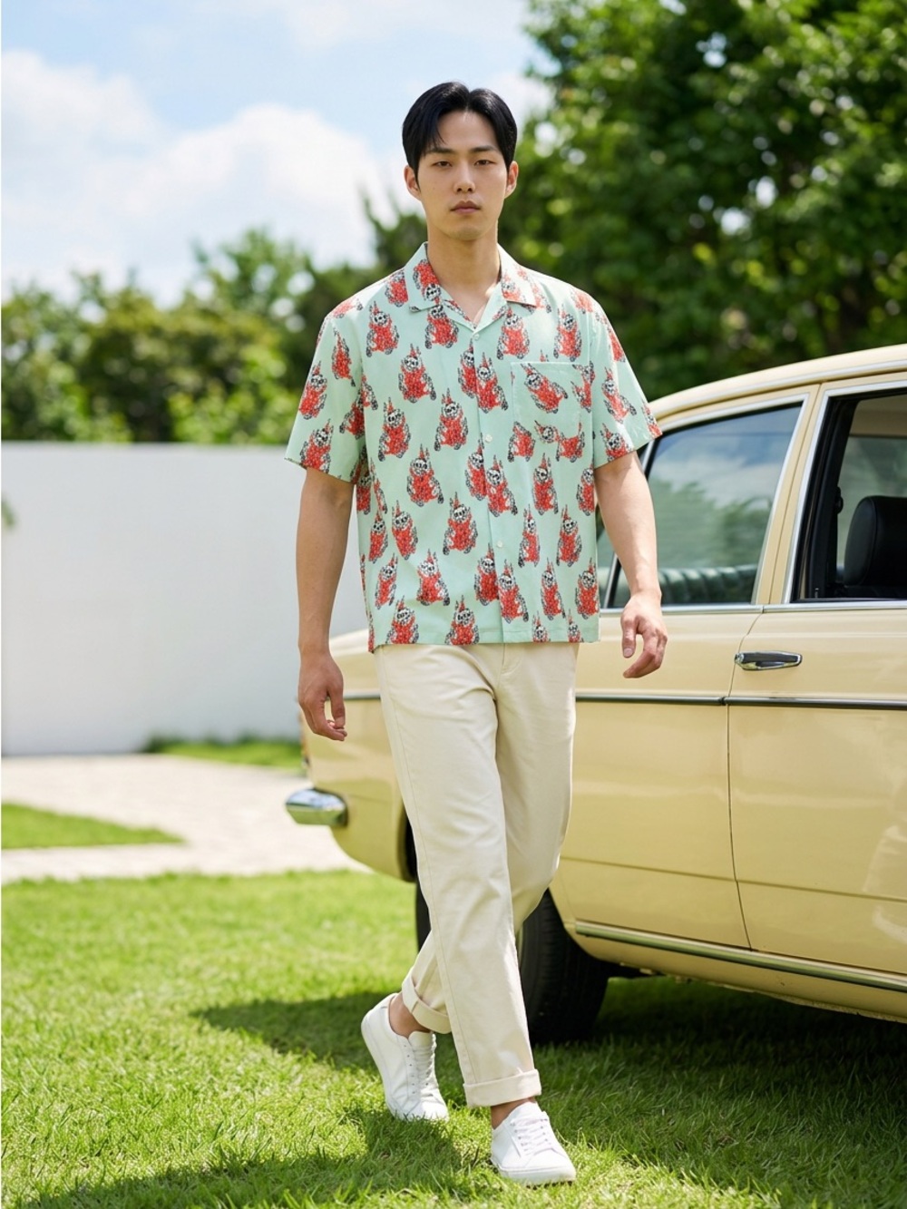 L3. Studios Men’s Flaming Skeleton Camp Shirt Mint Blue Print Button Up